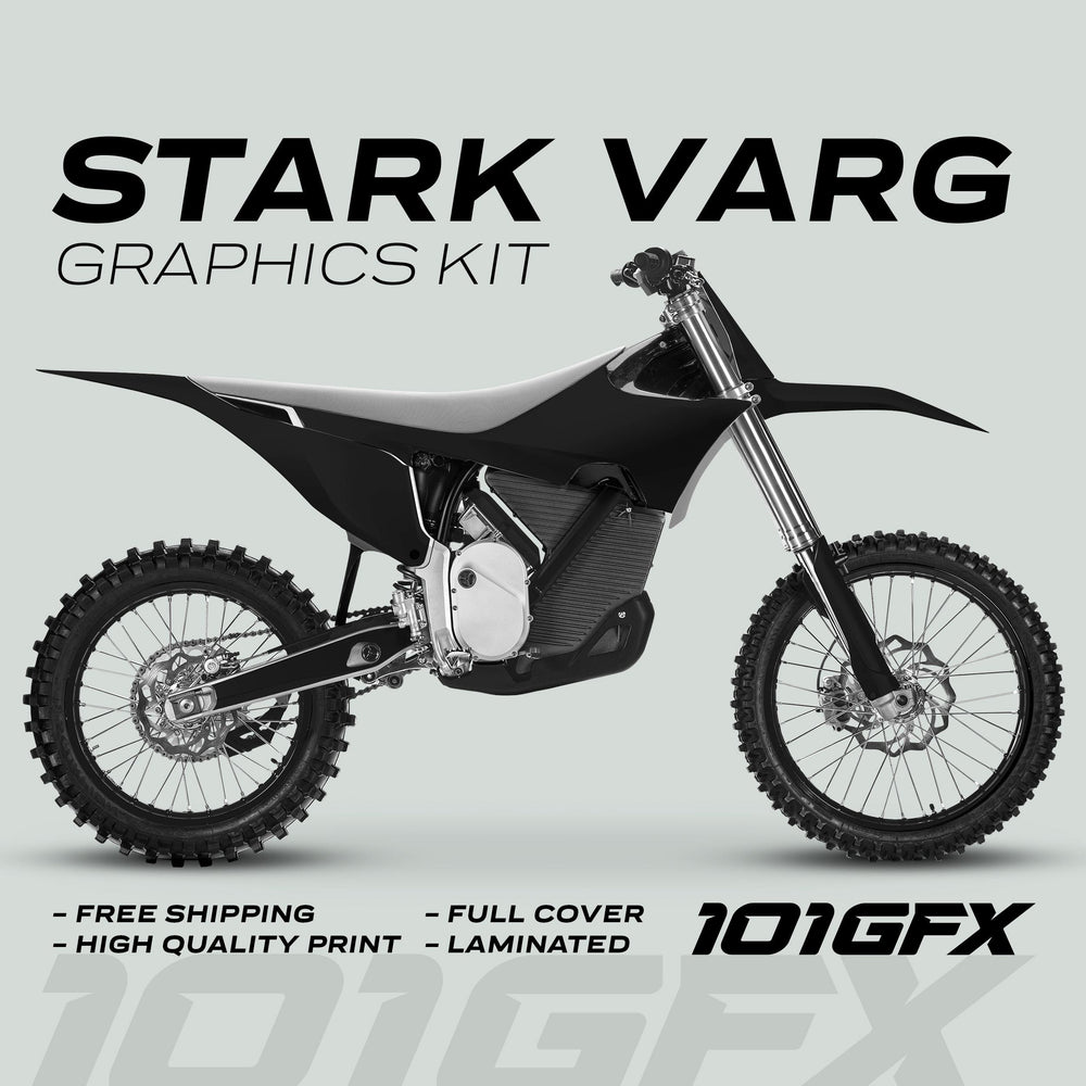 Stark Varg Graphics Kit SOLID COLOR BLACK Stickers on a motocross bike, showcasing knobby tires, monochrome design, and selling points: free shipping, high quality, full cover, laminated.