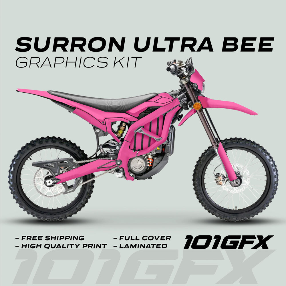 Surron Ultra Bee Graphics Kit SOLID COLOR PINK on electric dirt bike, showcasing vibrant pink design and key features like high-quality print and full cover.