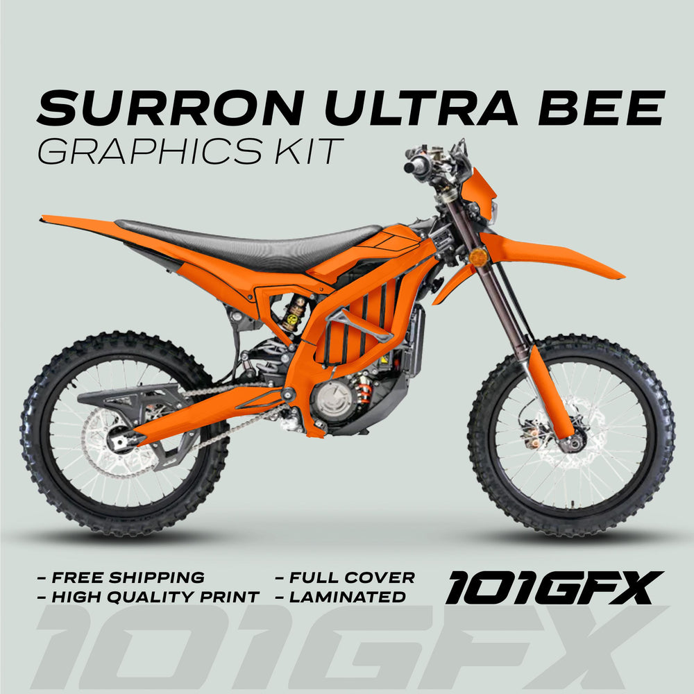 SurRon Ultra Bee Graphics Kit SOLID COLOR ORANGE on bike, highlighting vibrant decals with features: free shipping, high-quality print, laminated finish, 101GFX branding.