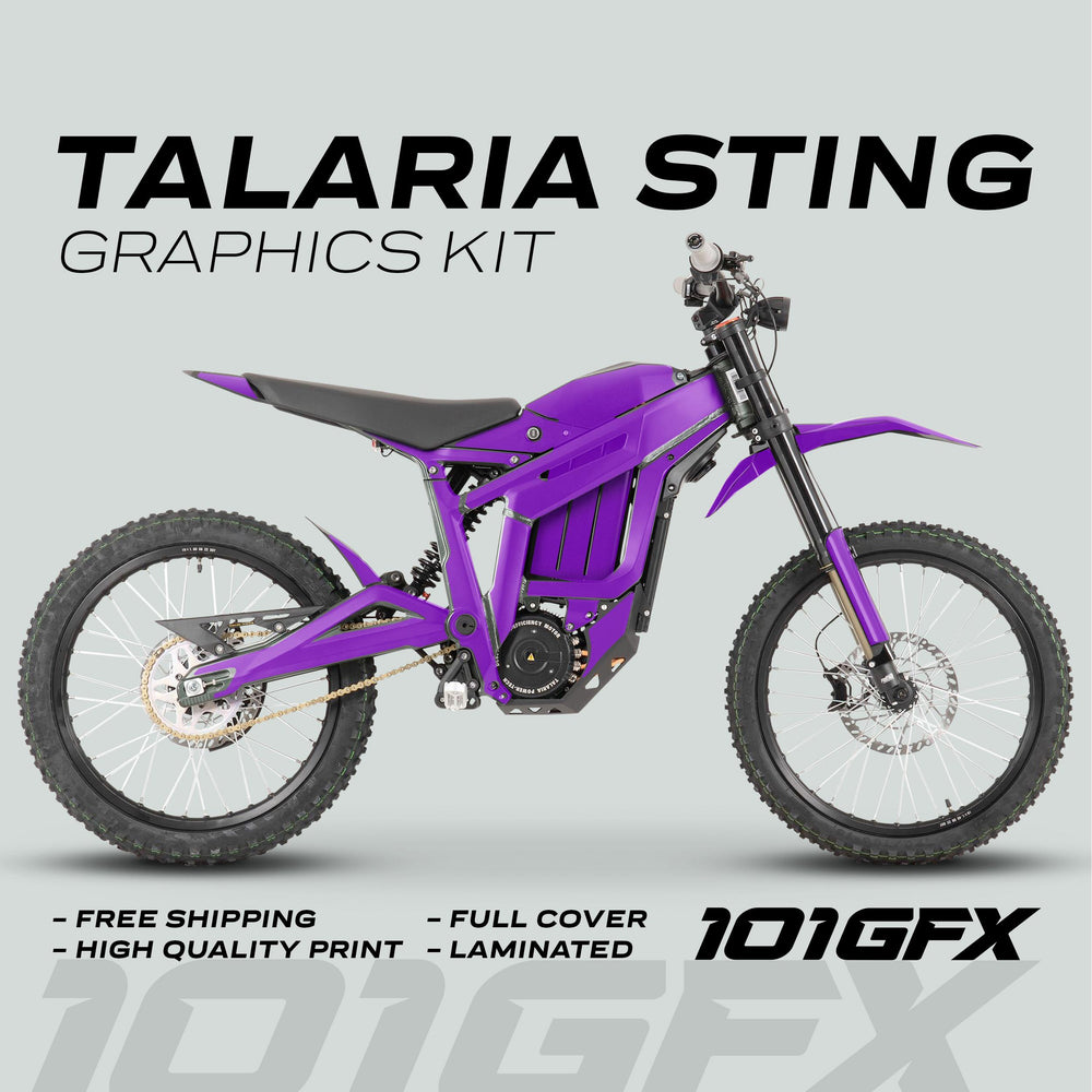 Purple Talaria Sting MX3 MX4 with SOLID COLOR PURPLE Graphics Kit, featuring high-quality, laminated decals. Highlights include free shipping and easy application by 101GFX.
