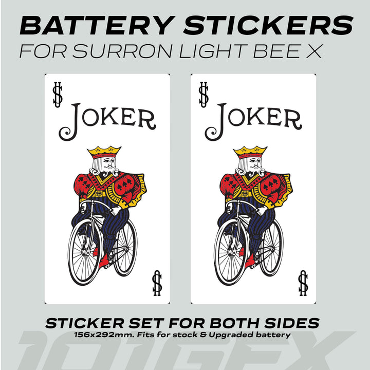 Surron Light Bee X Battery Stickers JOCKER featuring a crowned Joker on a bike, designed to fit perfectly on both sides of the battery.