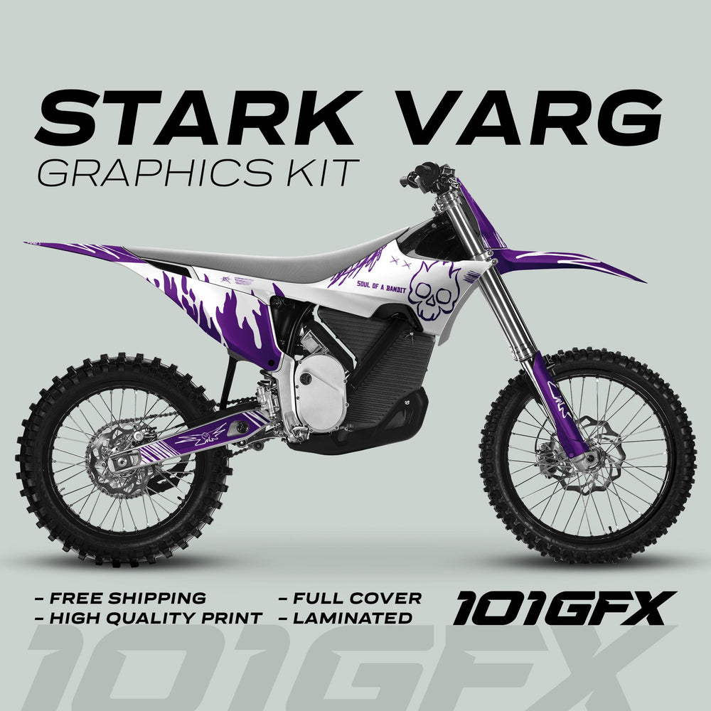 Dirt bike featuring Stark Varg Graphics Kit SOUL FLAME White Purple Decals Stickers, with flame accents, skull, and Soul of a Bandit text.
