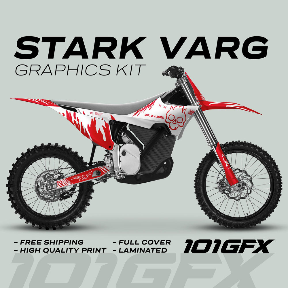 Stark Varg Graphics Kit SOUL FLAME on dirt-bike, showcasing red-and-white decals with flames and skull. Features: Free Shipping, High Quality, Full Cover, Laminated.