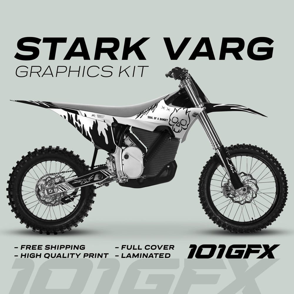 Stark Varg Graphics Kit SOUL FLAME features black-and-white decals with flame-style panels and a skull logo, highlighting free shipping and high-quality laminated finish.