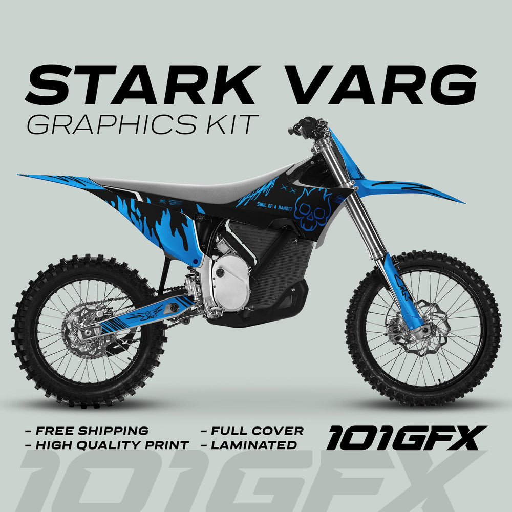 Stark Varg Graphics Kit with black and electric-blue decals on a dirt bike, featuring flame accents and a skull logo, emphasizing customization and high-quality design.