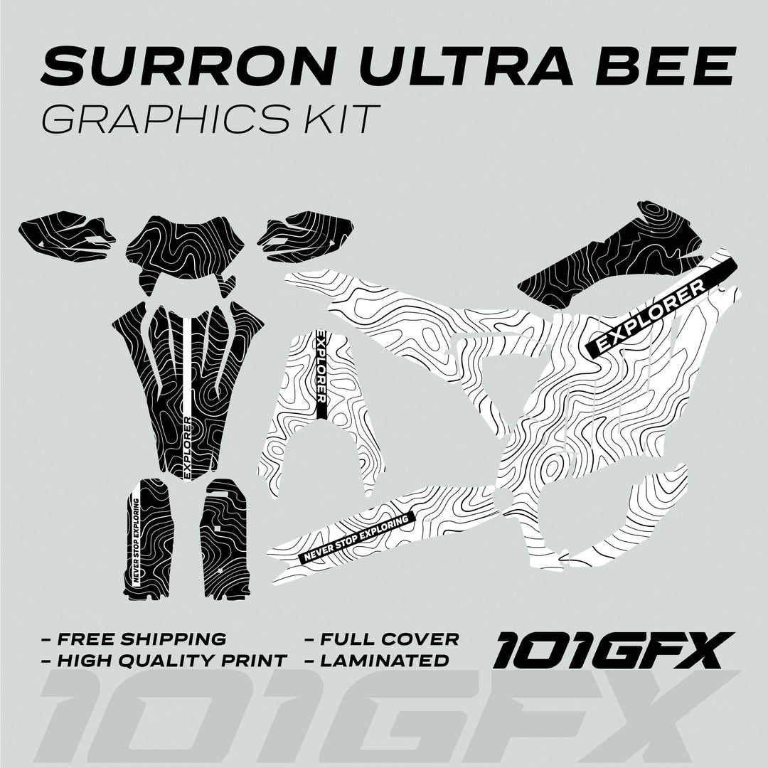 Surron Ultra Bee Graphics Kit EXPLORER WHITE BLACK decals with topographic lines, EXPLORER text, and durability features displayed on a light gray background.