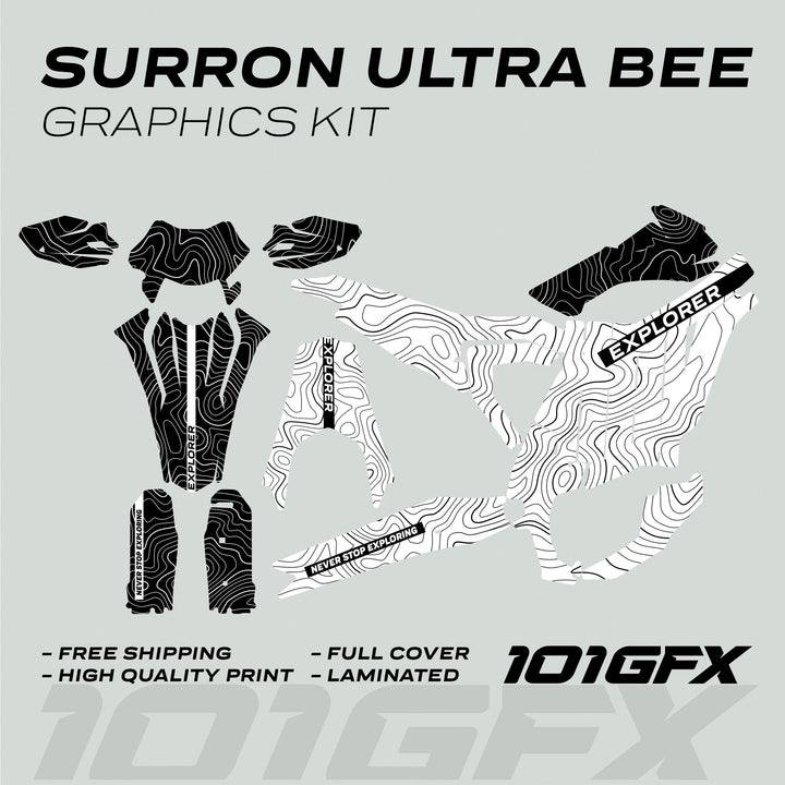 Surron Ultra Bee Graphics Kit EXPLORER WHITE BLACK decals with topographic lines, EXPLORER text, and durability features displayed on a light gray background.