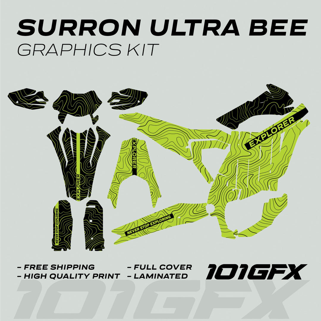 Surron Ultra Bee Graphics Kit EXPLORER GREEN BLACK, pre-cut vinyl decals for electric dirt bike, featuring a neon-lime and black topographic design with NEVER STOP EXPLORING text.