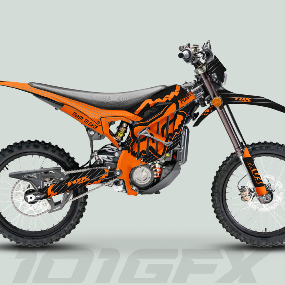 Surron Ultra Bee Graphics Kit FOX STRIPES Black Orange features bold FOX logos, angular design, and “READY TO RACE” slogan, enhancing style and protection.