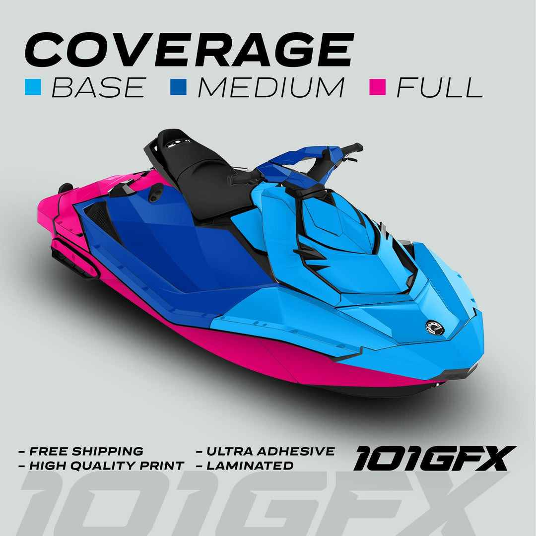 Sea Doo Spark Graphics Kit FAST MINT RED mock-up showing vinyl-wrap coverage options with features: free shipping, high quality print, ultra adhesive, laminated, by 101GFX.