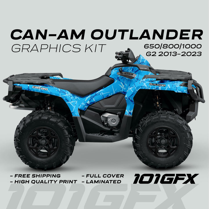 Can-Am OUTLANDER G2 Graphics Kit SCRATCHY BLUE on an ATV, featuring blue camo wrap, high-quality print, laminated finish, and free shipping by 101GFX.