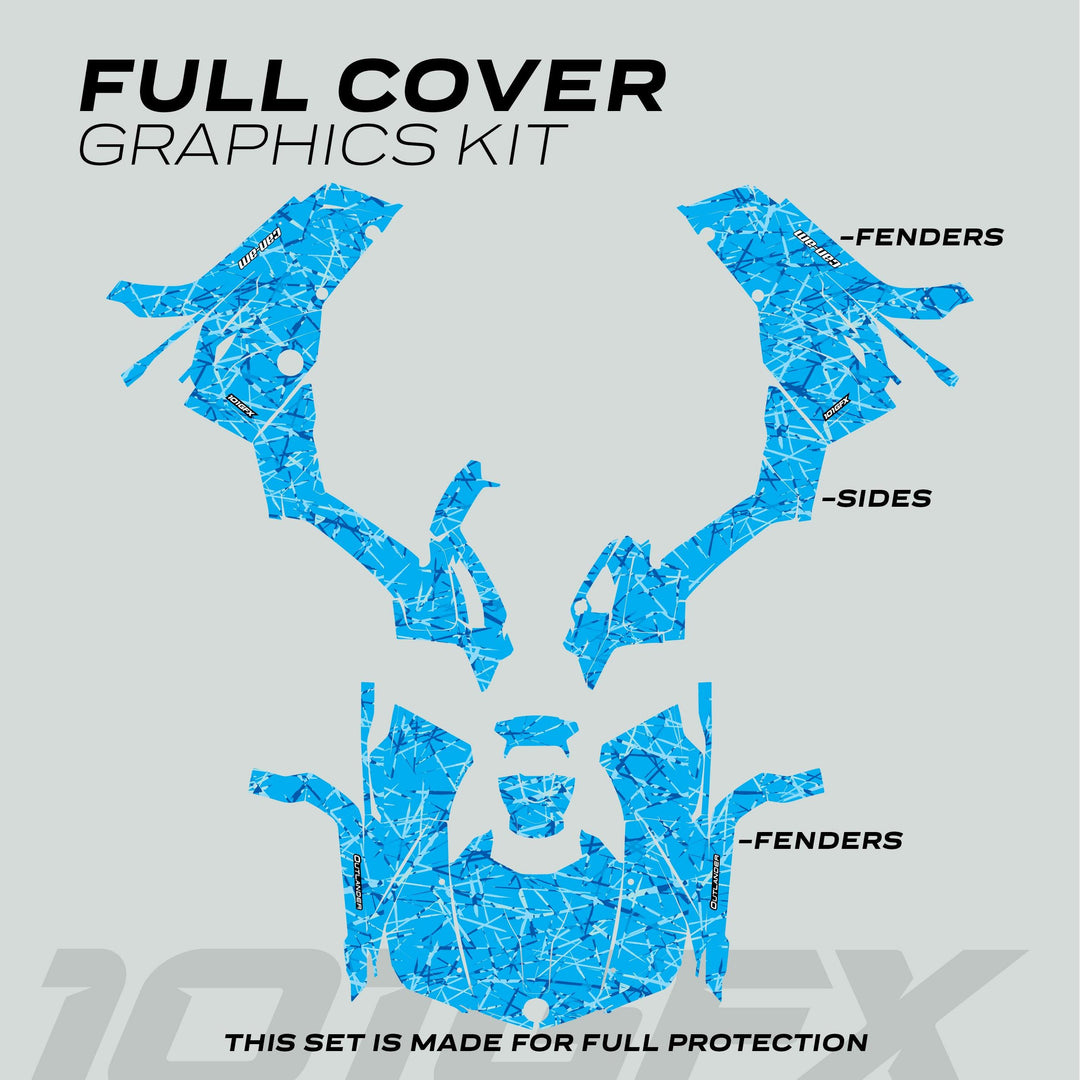 Can-Am OUTLANDER G2 Graphics Kit SCRATCHY BLUE, featuring pre-cut vinyl decals for ATV fenders and sides, offering style and protection with easy installation.