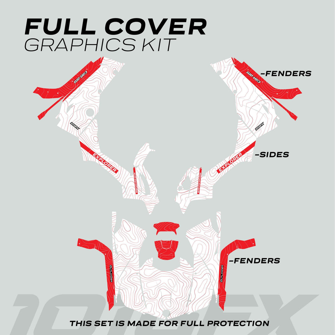 Can-Am OUTLANDER G2 Graphics Kit EXPLORER with red-and-white contour-map pattern, includes labeled fender and side decals for full ATV protection.