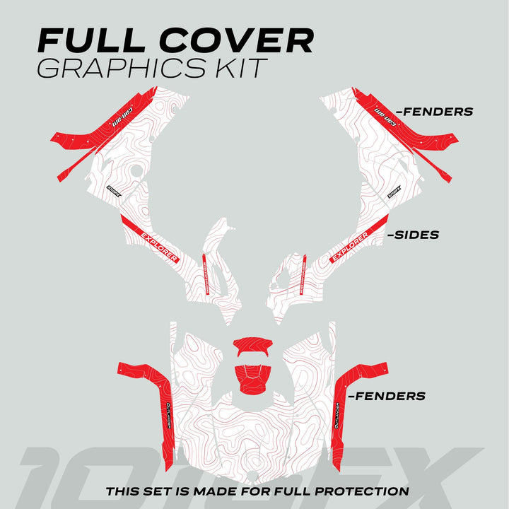 Can-Am OUTLANDER G2 Graphics Kit EXPLORER with red-and-white contour-map pattern, includes labeled fender and side decals for full ATV protection.