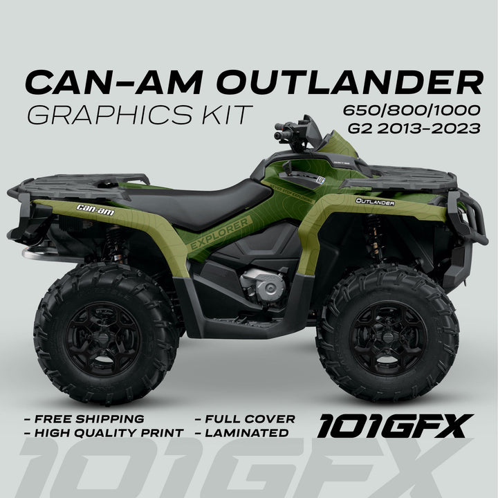 Can-Am OUTLANDER G2 Graphics Kit EXPLORER Moss Olive on a green-themed ATV, showcasing protective, high-quality wrap with seamless fit and easy application.