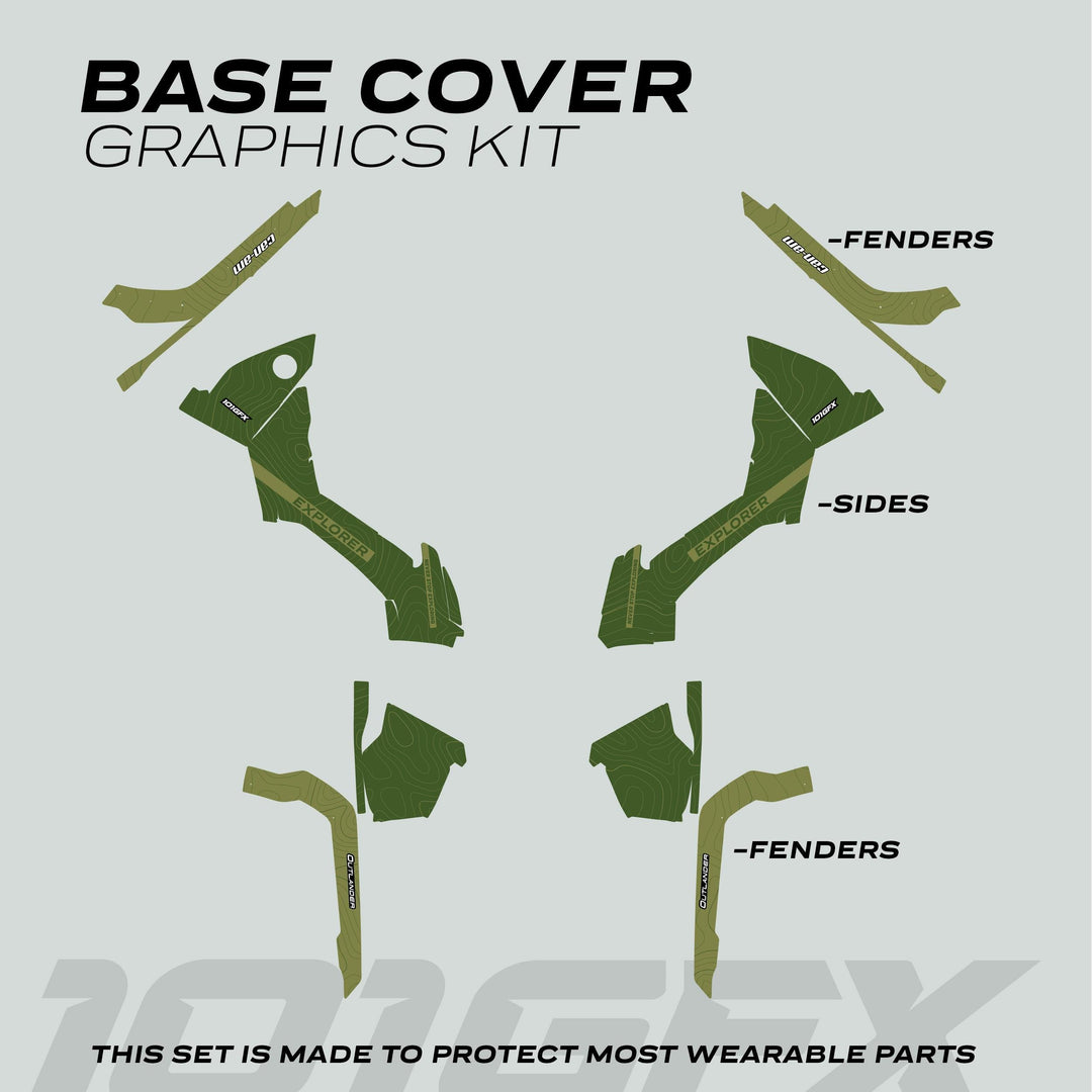 Can-Am OUTLANDER G2 Graphics Kit EXPLORER Moss Olive, featuring green topographic decals for fenders and side panels, providing style and protection for your ATV.