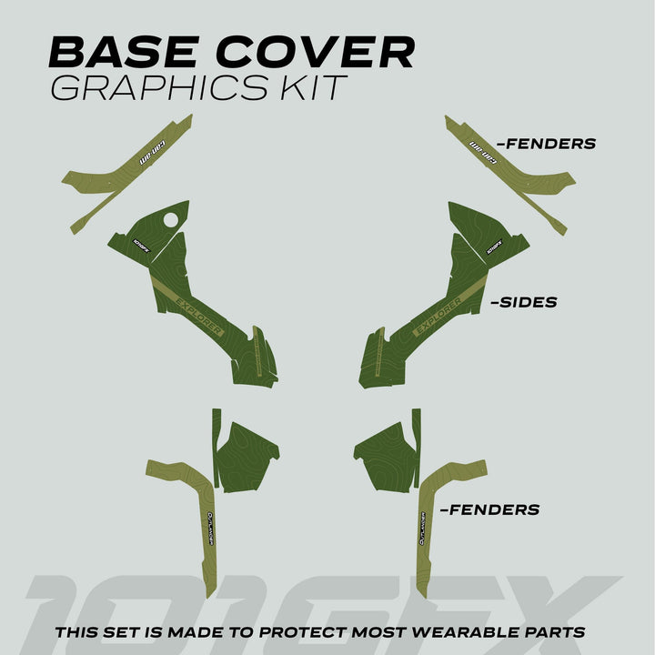 Can-Am OUTLANDER G2 Graphics Kit EXPLORER Moss Olive, featuring green topographic decals for fenders and side panels, providing style and protection for your ATV.