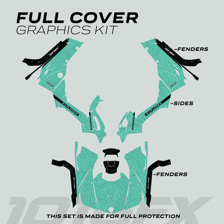 Can-Am OUTLANDER G2 Graphics kit EXPLORER Mint Black, featuring teal topographic patterns and labeled decals for full vehicle coverage, offering style and protection.