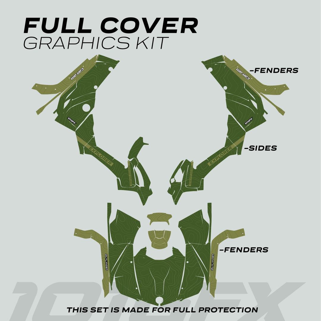 Can-Am OUTLANDER G2 Graphics Kit EXPLORER Moss Olive, featuring topographic map design, fits ATV panels for enhanced style and protection.