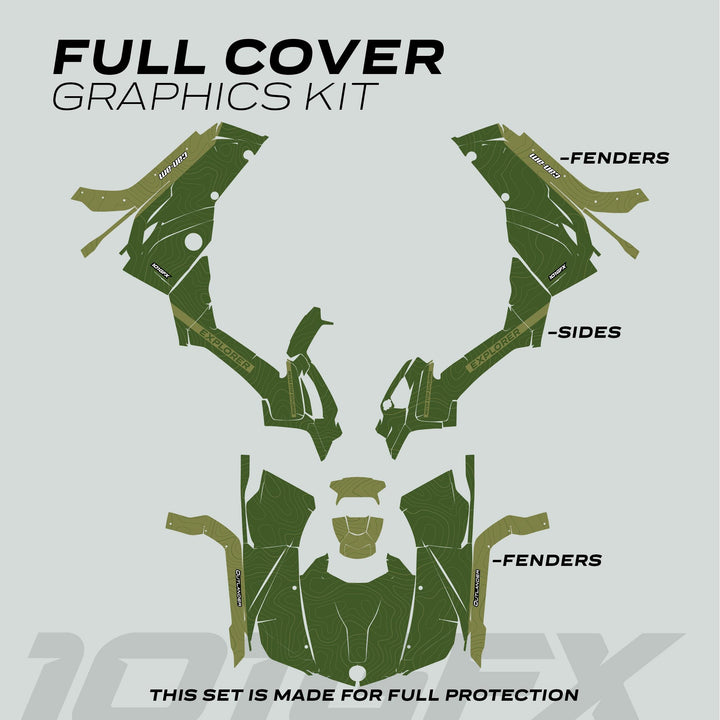 Can-Am OUTLANDER G2 Graphics Kit EXPLORER Moss Olive, featuring topographic map design, fits ATV panels for enhanced style and protection.