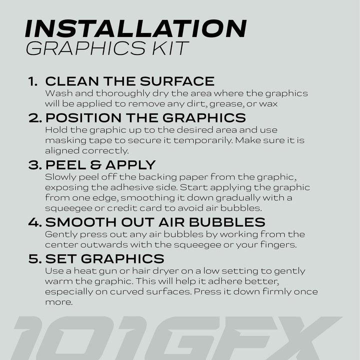 Installation sheet for Can-Am OUTLANDER G2 Graphics Kit EXPLORER Moss Olive, detailing five adhesive application steps with a faint 101GFX watermark in the background.
