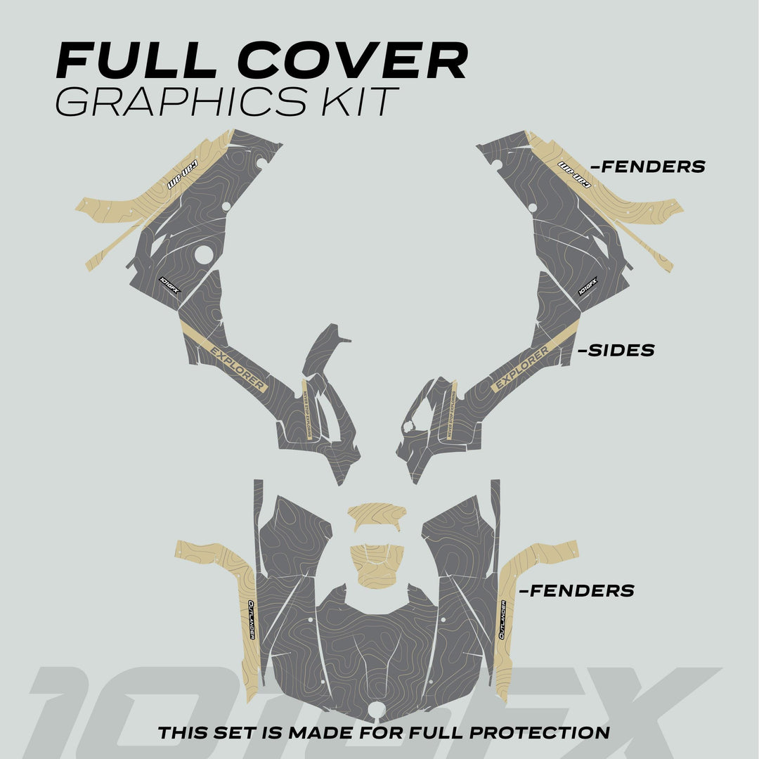 Can-Am OUTLANDER G2 Graphics Kit EXPLORER Grey Sand features topographic-style decals for full coverage, labeled for fenders and sides, enhancing style and protection.