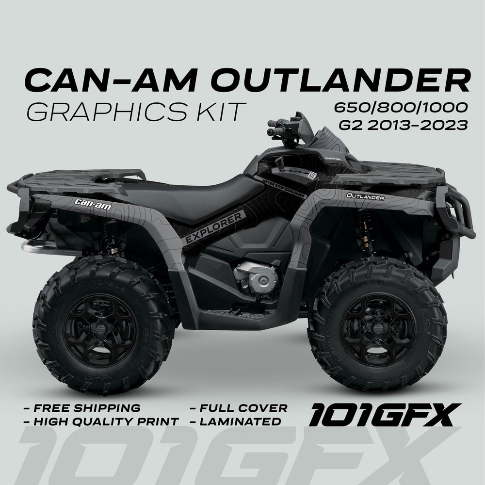 Can-Am OUTLANDER Graphics kit EXPLORER Black Grey on a Can-Am Outlander ATV, highlighting fit, durability, and easy installation features.