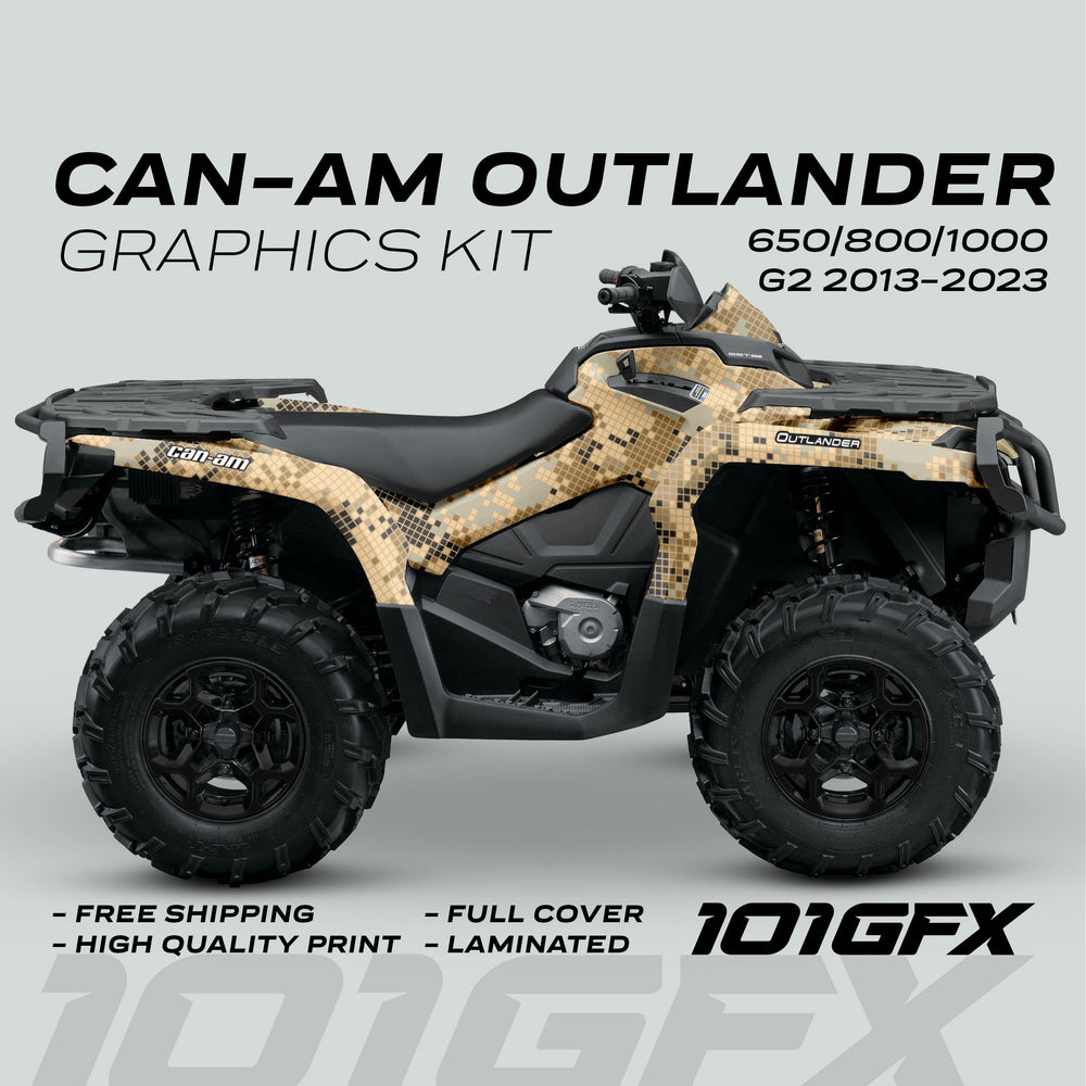 Can-Am OUTLANDER Graphics Kit DIGITAL CAMO Sand on black ATV, showcasing pixel-camo wrap with features: free shipping, high-quality print, full cover, laminated.