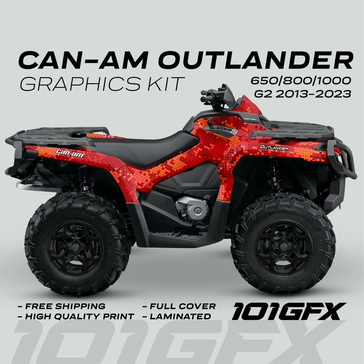 Side view of a Can-Am Outlander ATV with a DIGITAL CAMO Red graphics kit, showcasing full-coverage decals and promoting 101GFX's high-quality print and free shipping.