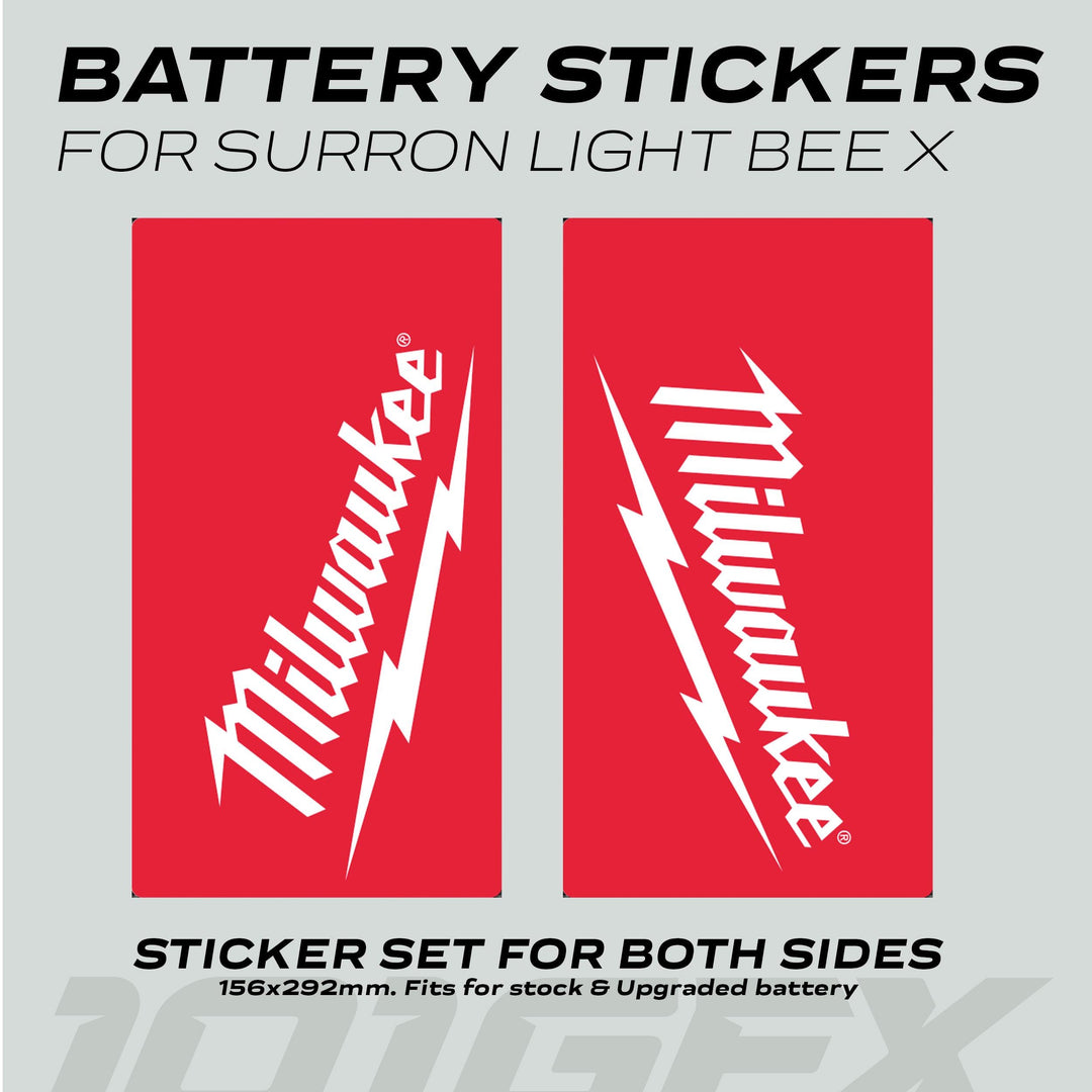 Surron Light Bee X Battery Stickers featuring Milwaukee and a lightning-bolt design; durable, self-adhesive decals for bike battery protection and style enhancement.