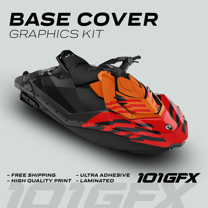 Sea Doo Spark Graphics Kit FAST ORANGE RED with bold orange-to-red decal, 101GFX branding, callouts for free shipping and high quality print.