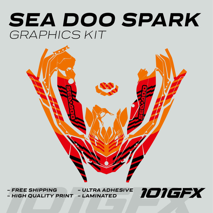 Sea Doo Spark Graphics Kit FAST ORANGE RED mock-up showing red-orange decal panels, branding highlights like Free Shipping, and High Quality Print, plus maker logo, 101GFX.
