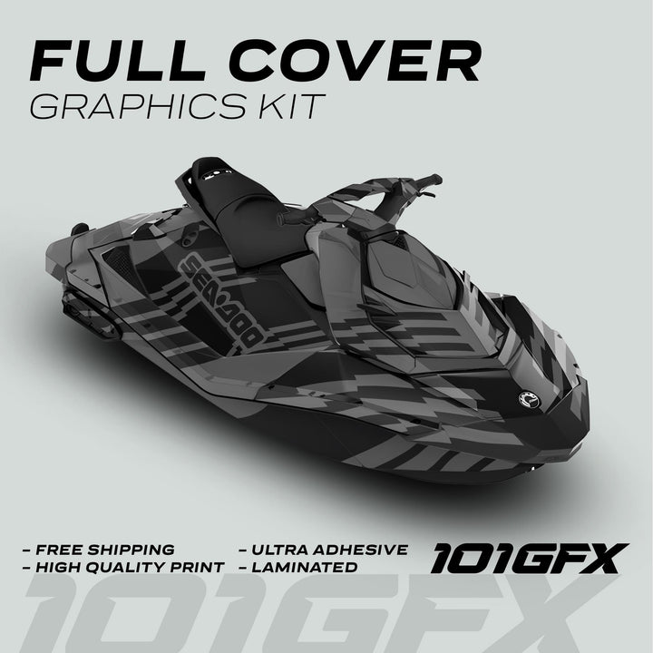 Sea Doo Spark Graphics Kit FAST GREY BLACK on jet ski, showcasing angular dark gray/black wrap, free shipping, high-quality print, ultra-adhesive, laminated finish, 101GFX branding.
