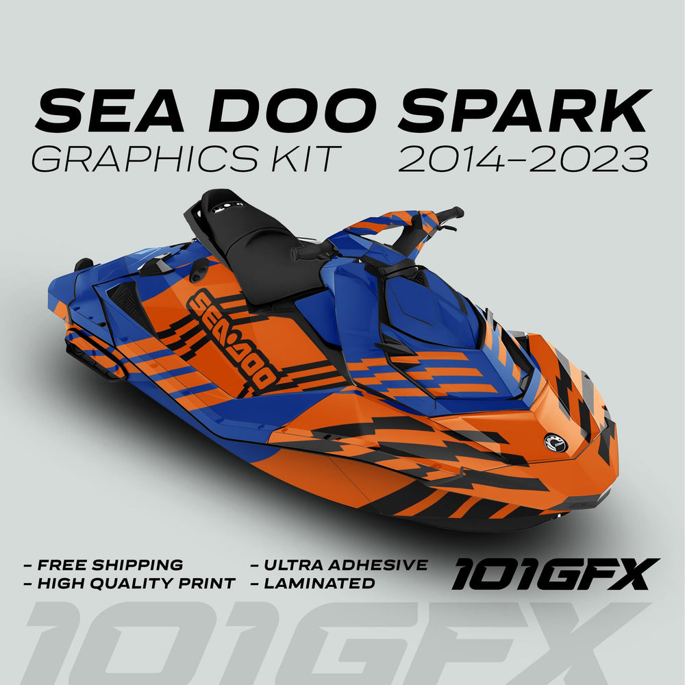 Sea Doo Spark Graphics Kit FAST BLUE ORANGE showcases a vibrant decal design on a watercraft, highlighting its durability, easy installation, and perfect fit for Sea Doo models.