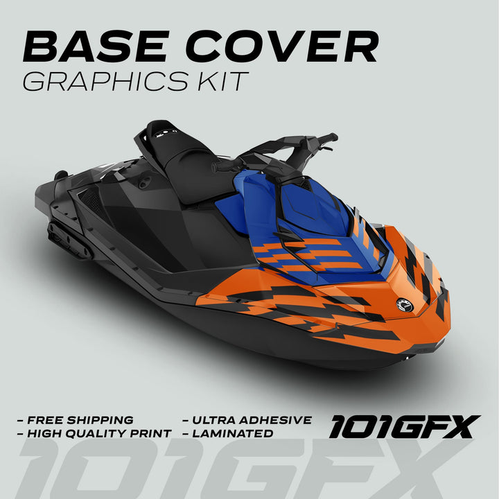 Sea Doo Spark Graphics Kit FAST BLUE ORANGE on jet ski, featuring vibrant orange and blue wrap with black accents, highlighting features like free shipping and high quality.