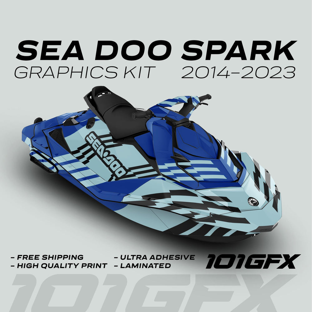 Sea-Doo Spark Graphics Kit FAST BLUE MILKY featuring a two-tone blue geometric camo wrap, highlighting free shipping, high-quality print, ultra-adhesive, and laminated features.