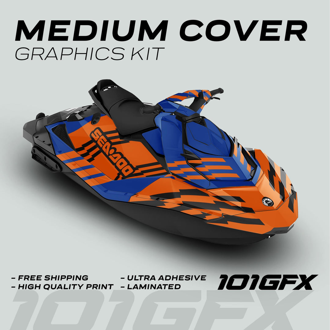 Sea Doo Spark Graphics Kit FAST BLUE ORANGE featuring bold orange and blue lightning-bolt designs on a jet-ski. Includes free shipping, high quality, ultra adhesive, laminated.