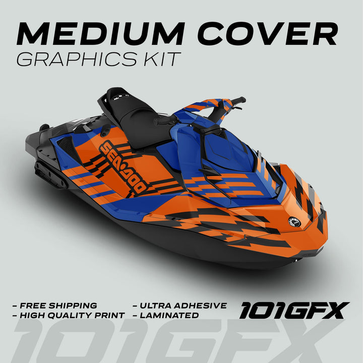 Sea Doo Spark Graphics Kit FAST BLUE ORANGE featuring bold orange and blue lightning-bolt designs on a jet-ski. Includes free shipping, high quality, ultra adhesive, laminated.