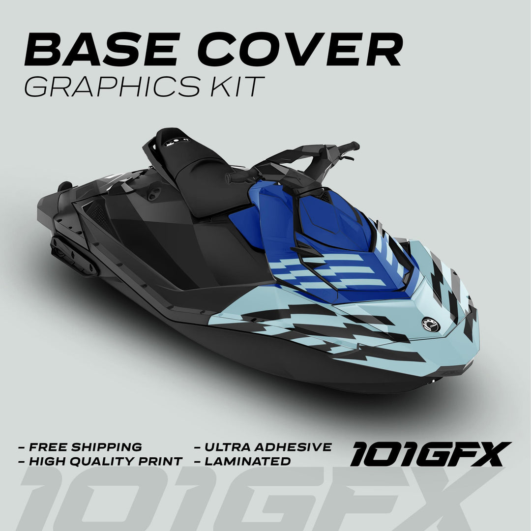 Sea Doo Spark Graphics Kit FAST BLUE MILKY on jet ski showcasing vibrant blue and black decal design, highlighting Free Shipping, High Quality Print, and Ultra-Adhesive.