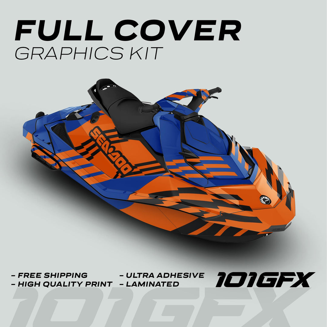 Sea Doo Spark Graphics Kit FAST BLUE ORANGE applied, showcasing bold graphics and features like free shipping, high-quality print, and ultra-adhesive laminate.
