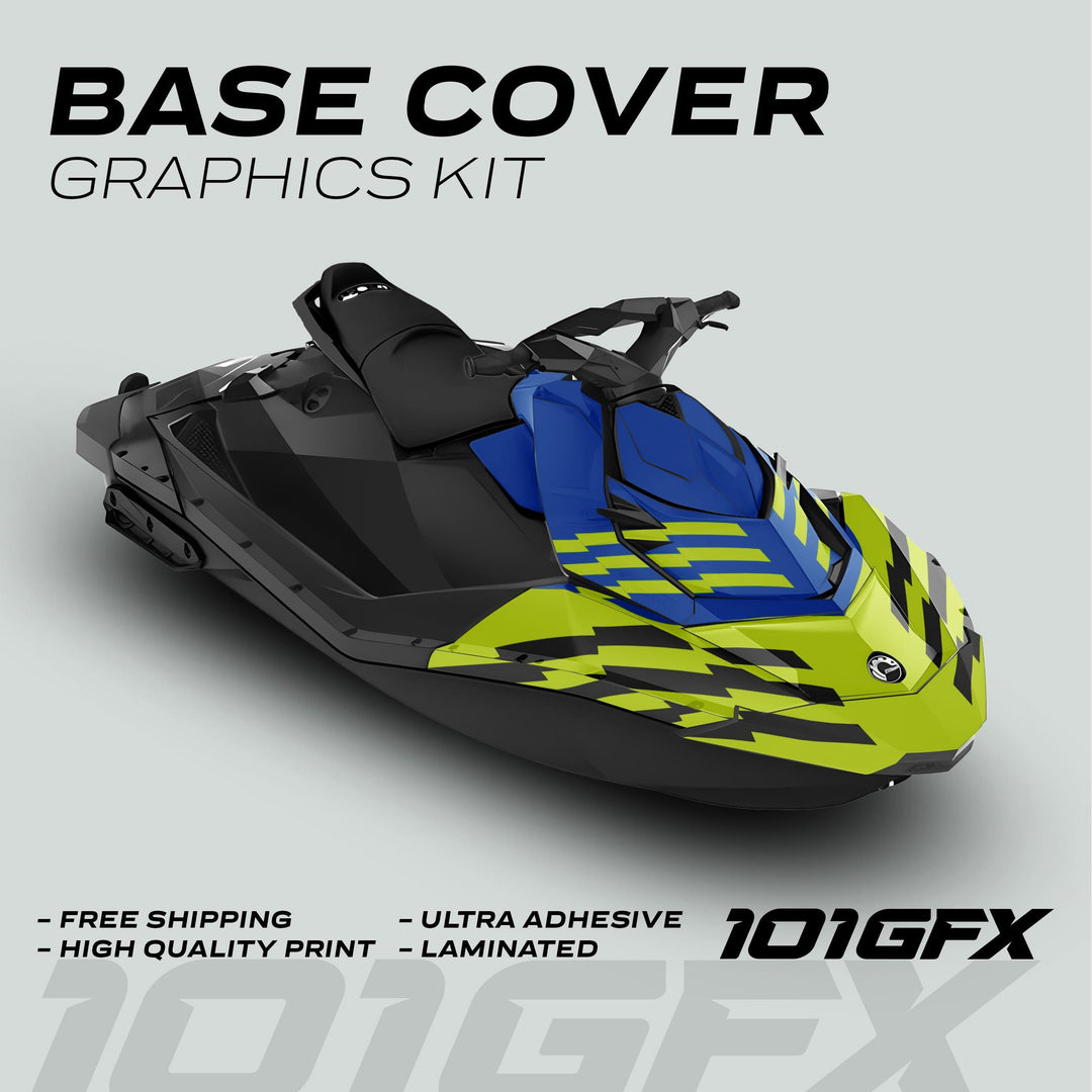 Sea Doo Spark Graphics Kit FAST BLUE GREEN shown on a jet-ski with vibrant vinyl wrap, highlighting features: free shipping, high quality print, ultra adhesive, laminated.