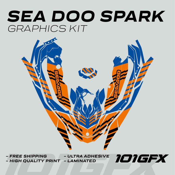 Sea Doo Spark Graphics Kit FAST BLUE ORANGE: Pre-cut vinyl decals with bold angular shapes, enhancing Sea Doo Spark aesthetics and protection with vibrant designs and durable materials.