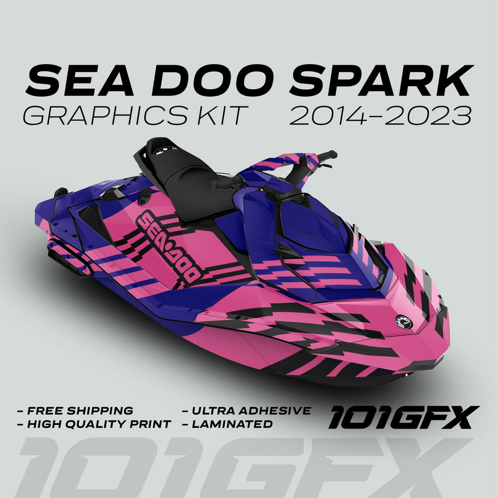 Sea Doo Spark Graphics Kit FAST BLAUER PINK ad featuring a 3D-rendered jet ski with vibrant livery, highlighting features like high quality, ultra-adhesive, and laminated finish.