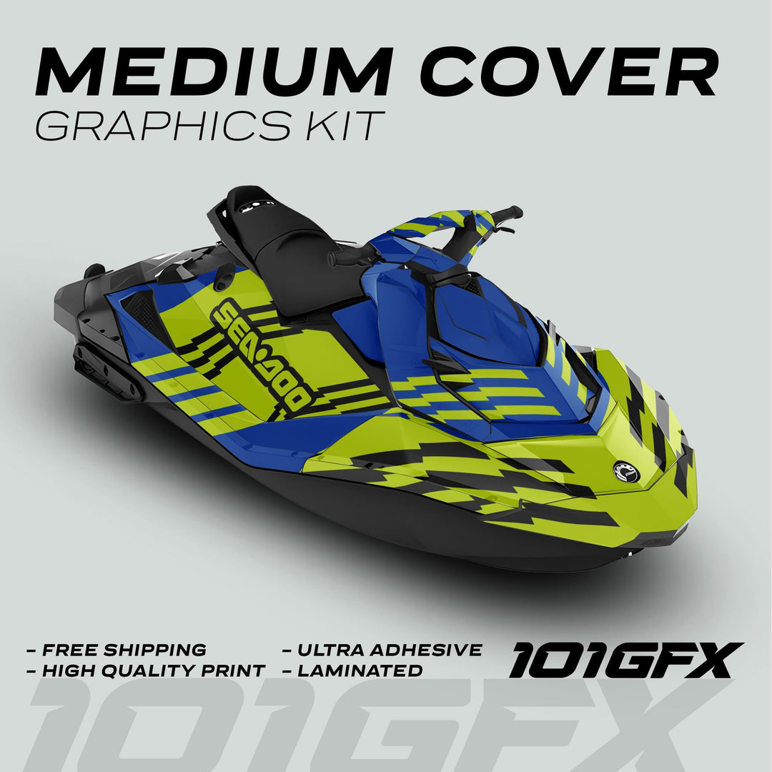 Sea Doo Spark Graphics Kit FAST BLUE GREEN, showcasing a two-tone blue and neon-yellow geometric design with promotional highlights like free shipping and ultra-adhesive qualities.