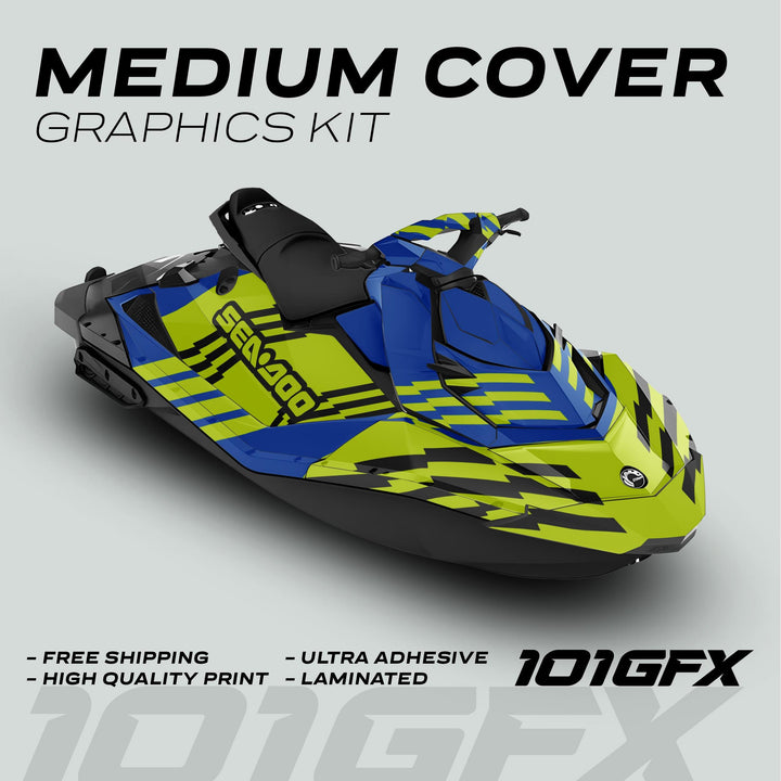 Sea Doo Spark Graphics Kit FAST BLUE GREEN, showcasing a two-tone blue and neon-yellow geometric design with promotional highlights like free shipping and ultra-adhesive qualities.
