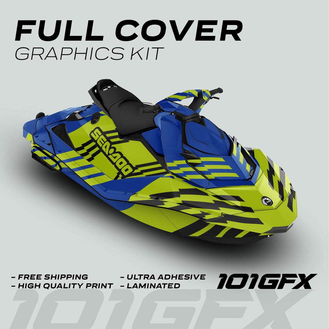 Sea Doo Spark Graphics Kit FAST BLUE GREEN featuring a vibrant lime green and blue design with black accents, emphasizing durability and easy installation for custom Sea Doo models.