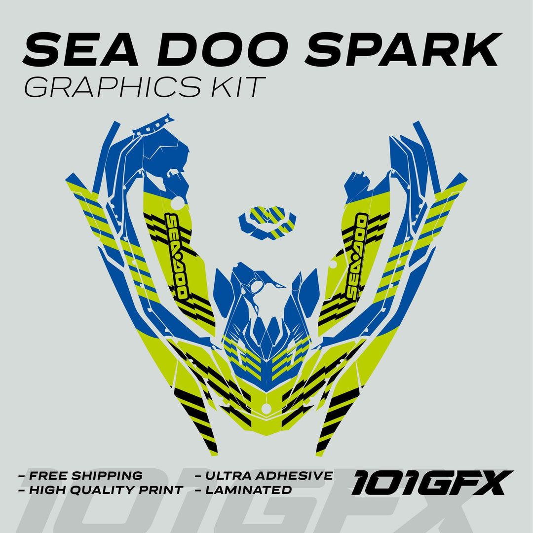 Sea Doo Spark Graphics Kit FAST BLUE GREEN features vinyl decals with SeaDoo logos, providing vibrant customization and protection for your watercraft.