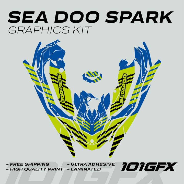 Sea Doo Spark Graphics Kit FAST BLUE GREEN features vinyl decals with SeaDoo logos, providing vibrant customization and protection for your watercraft.
