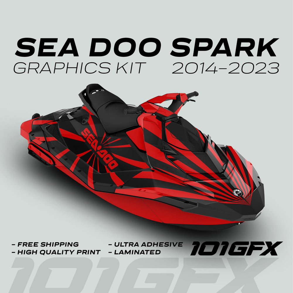 Sea Doo Spark Graphics Kit RAYS BLACK RED on jet ski; features bold design, tailored fit, durability, easy install.