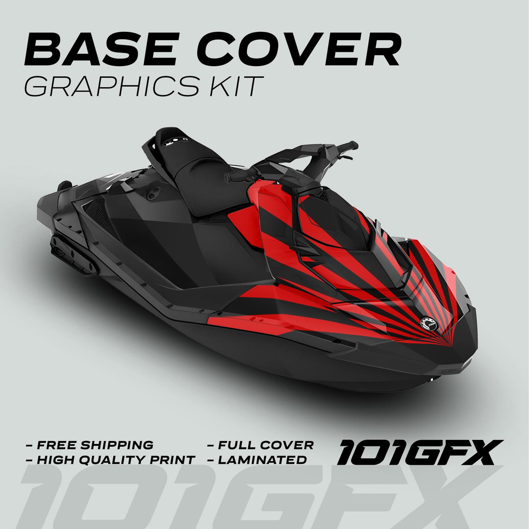 Sea Doo Spark Graphics Kit RAYS BLACK RED, featuring bold radial stripes on a black body, offers full coverage, high-quality print, and easy installation.